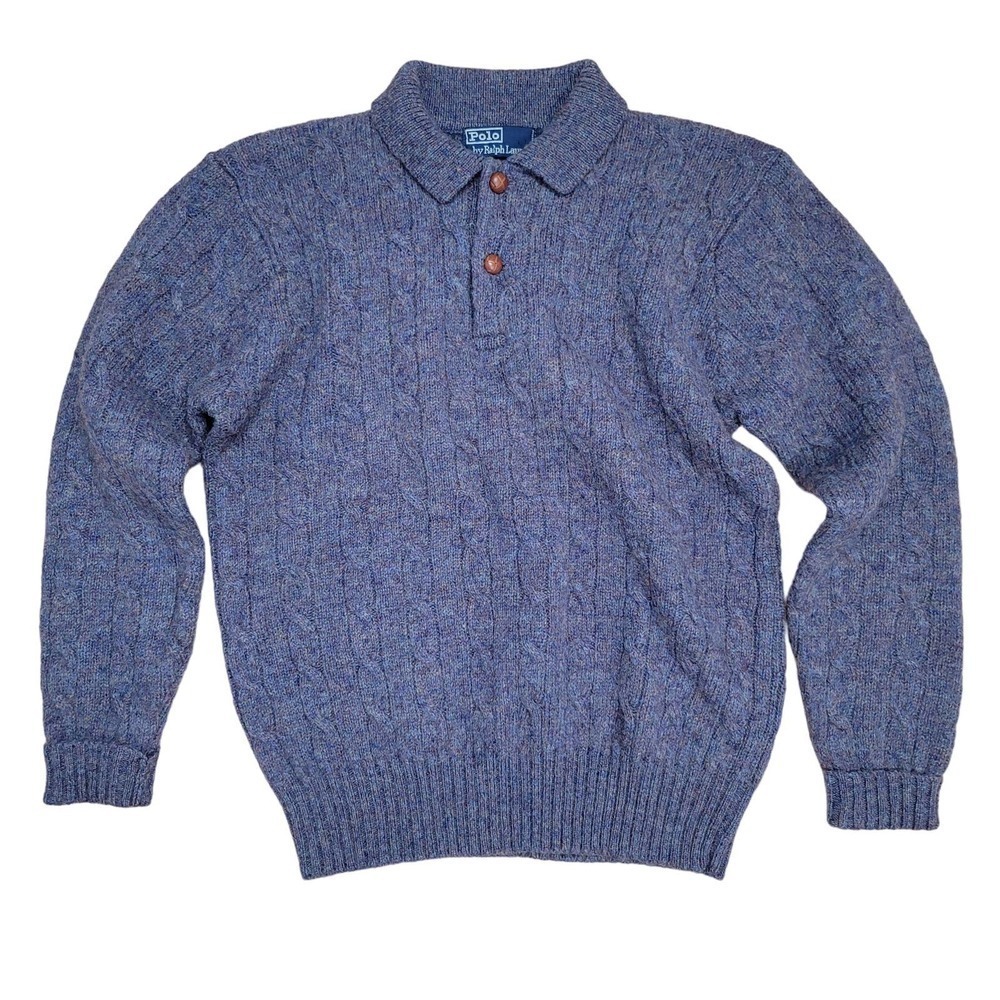 Vintage Men's Polo Ralph Lauren Wool Collared Neck Buttoned Sweater Marled Knit